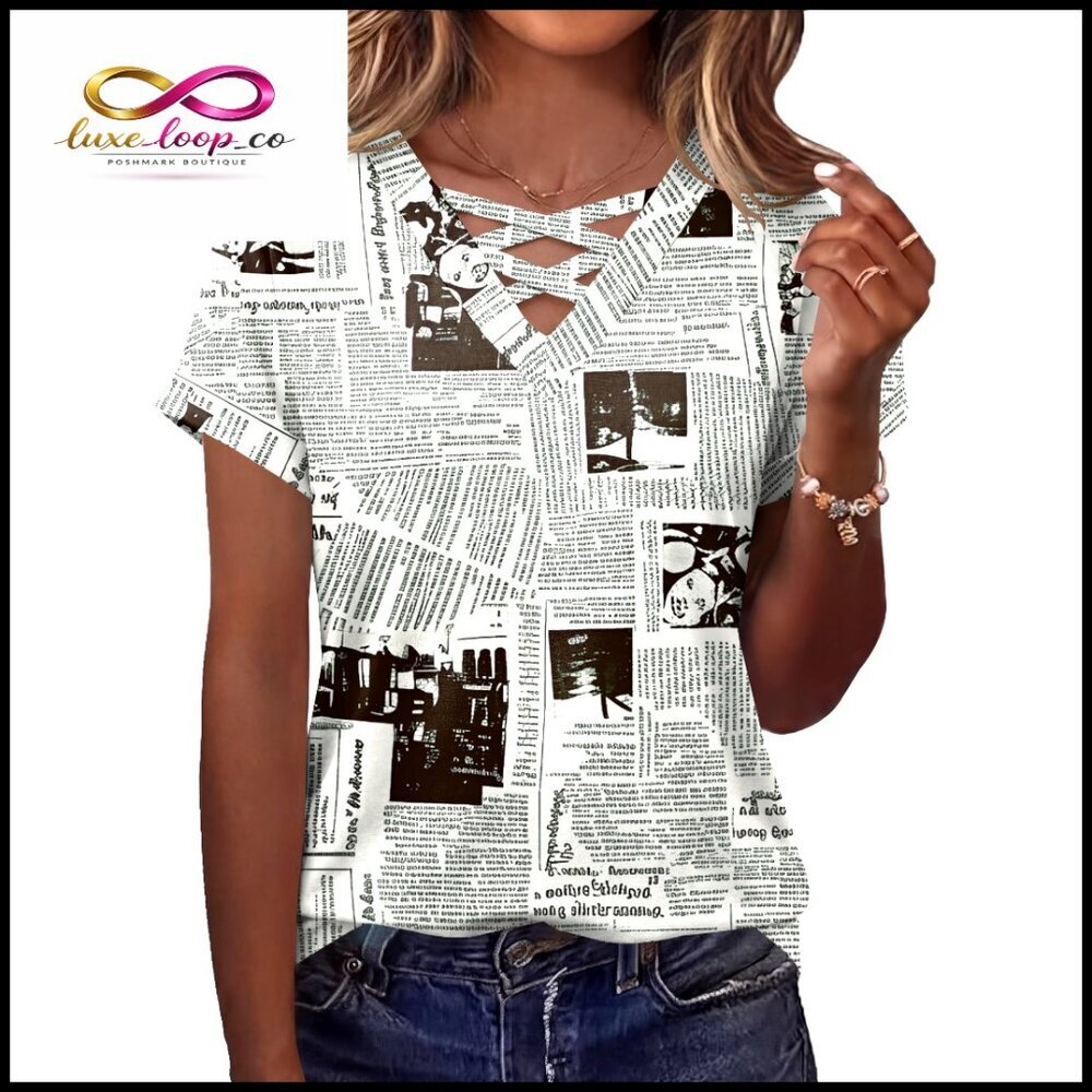 V-Neck Criss Cross Tee Puff Sleeve Tunic Top Loose Fit Dressy Casual